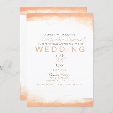 Orange Coral Watercolor Modern Chic Wedding Invitations