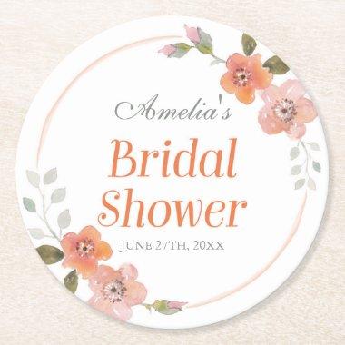 Orange Delicate Watercolor Floral Bridal Shower Round Paper Coaster