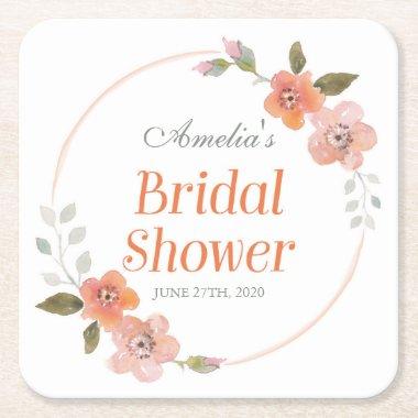 Orange Delicate Watercolor Floral Bridal Shower Square Paper Coaster