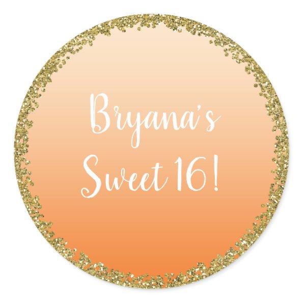 Orange Dipped Gold Glitter Glam Sparkle Party Classic Round Sticker