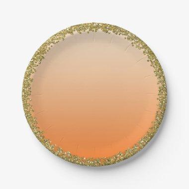 Orange Dipped Gold Glitter Glam Sparkle Party Paper Plates