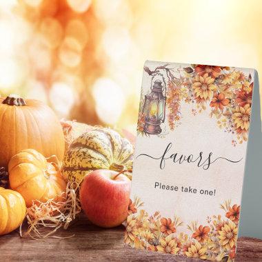 Orange fall flowers party favor table tent sign