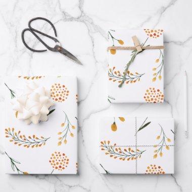 Orange Floral Wrapping Paper Flat Sheet Set of 3