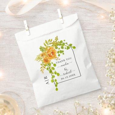 Orange flowers, arch and monogram fall wedding favor bag