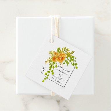 Orange flowers, arch and monogram fall wedding favor tags