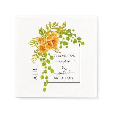 Orange flowers, arch and monogram fall wedding napkins