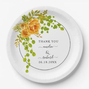 Orange flowers, arch and monogram fall wedding paper plates