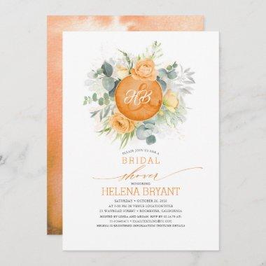 Orange Flowers Wreath Monogram Fall Bridal Shower Invitations