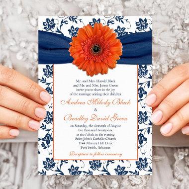 Orange Gerber Daisy Navy Floral Wedding Invitations