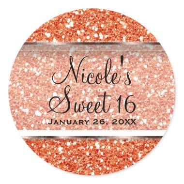 Orange Glitter Glam Sweet 16 Custom Party Favor Classic Round Sticker