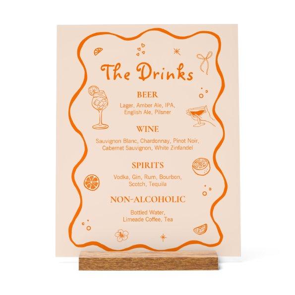 Orange Hand Drawn Tropical Wedding Bar Drink Menu Acrylic Sign