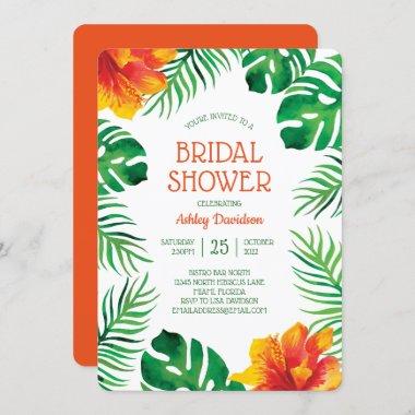 Orange Hibiscus and Tropical Leaves Bridal Shower Invitations
