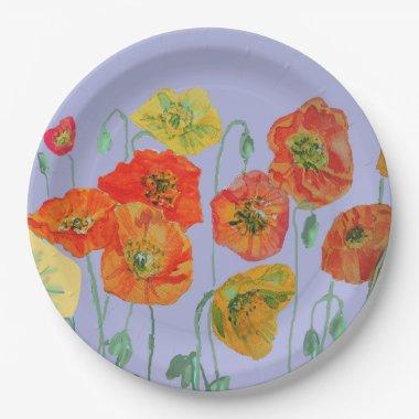 Orange Lilac Purple Poppy Flower Floral Pattern Paper Plates