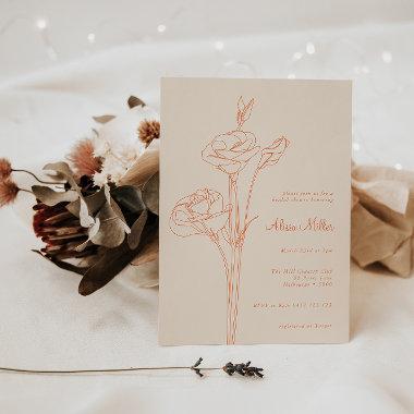 Orange Minimalist Line Floral Bridal Shower Invitations