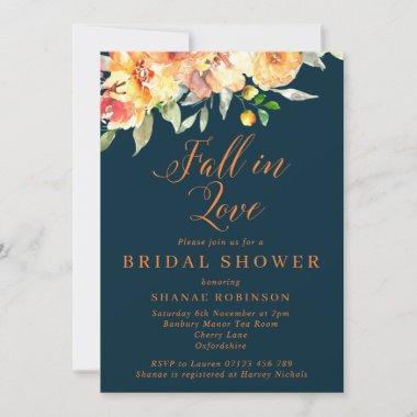 Orange & Navy Floral Fall in Love Bridal Shower Invitations