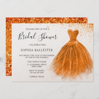 Orange Peach Glitter Gown Dress Bridal Shower Invitations
