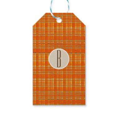 Orange Plaid & Brown Kraft Rustic Monogram Initial Gift Tags