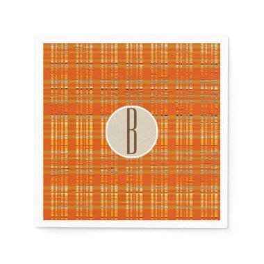 Orange Plaid & Brown Kraft Rustic Monogram Initial Paper Napkins