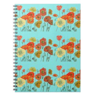 Orange Poppy Poppies Floral Flowers Aqua Notebook