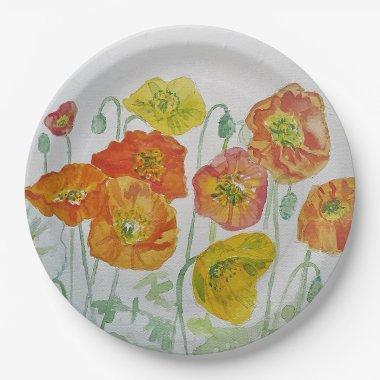 Orange Poppy Rose Flower Pattern Paper Party Plate