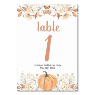 Orange Pumpkin Rustic Floral Birthday Table Number