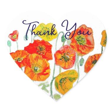Orange Red Poppy Flower Pattern Thank You Heart Sticker