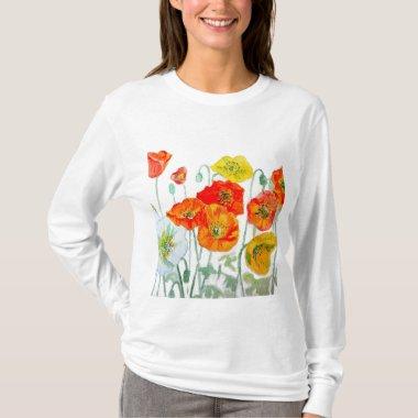Orange Red Poppy Flower Pattern Watercolor T-Shirt