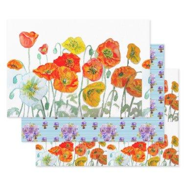 Orange Red Poppy Flower Pattern Watercolor Wrapping Paper Sheets