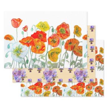 Orange Red Poppy Flower Pattern Watercolor Wrapping Paper Sheets