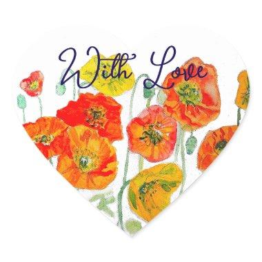 Orange Red Poppy Flower Pattern With Love Heart Sticker