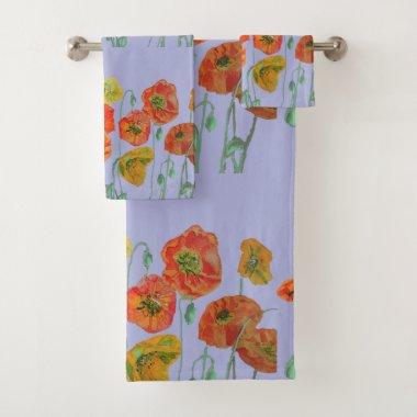 Orange Red Poppy poppies Lavender Floral flowers Bath Towel Set