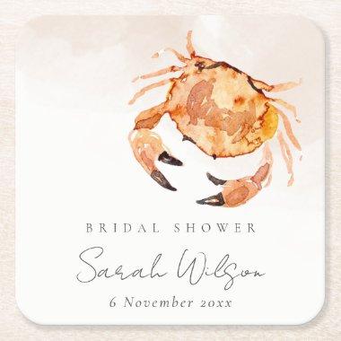 Orange Sand Coastal Crab Nautical Bridal Shower Square Paper Coaster