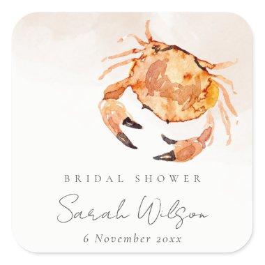 Orange Sand Coastal Crab Nautical Bridal Shower Square Sticker