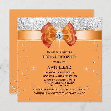 Orange silver glitter bow elegant chic sparkle Invitations