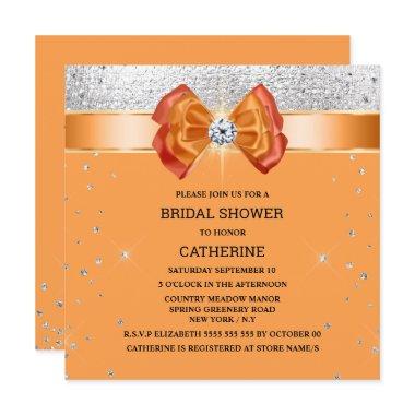 Orange silver glitter bow elegant chic sparkle Invitations