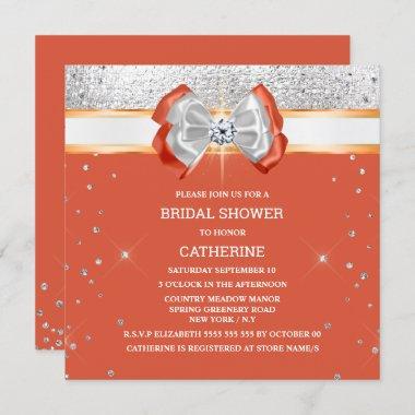 Orange silver glitter bow elegant chic sparkle Invitations