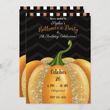 Orange Sparkle Pumpkin Halloween Birthday Party Invitations