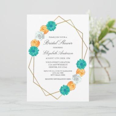 Orange Teal Floral Geometric Bridal Shower Invitations
