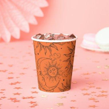 Orange Vintage Sun Moon Celestial Sky Paper Cups