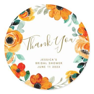 Orange Watercolor Flowers Custom Bridal Shower Classic Round Sticker