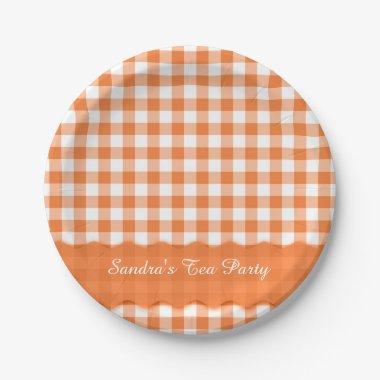 Orange White Gingham Pattern Personalized Party Paper Plates