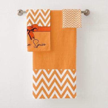 Orange & White Pumpkin Spice Faux Bow Personalized Bath Towel Set