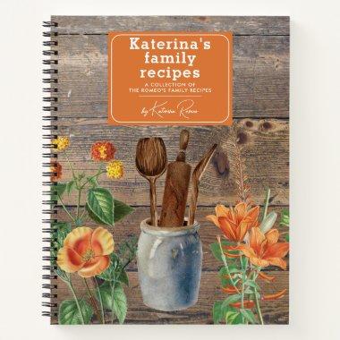 Orange Wildflowers Wood Kitchen Utensils Recipe Notebook