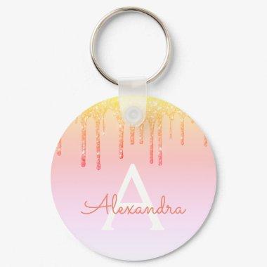 Orange Yellow Bling Sparkle Glitter Monogram Keychain