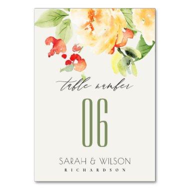 ORANGE YELLOW RED ROSE WATERCOLOR FLORAL TABLE TABLE NUMBER