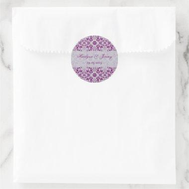 Orchid Purple Vintage Damask Lace Wedding Favor Classic Round Sticker