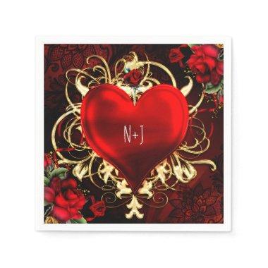 Ornamental Elegant Floral Heart Black Red Gold Paper Napkins