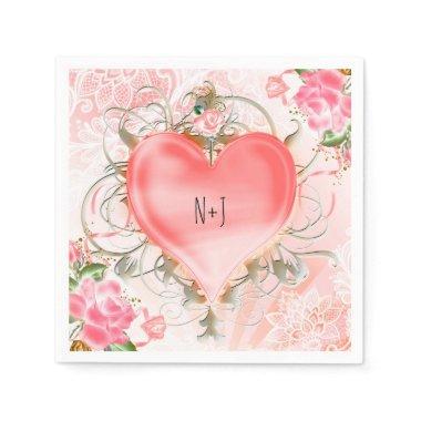 Ornamental Elegant Floral Heart Peach Party Paper Napkins