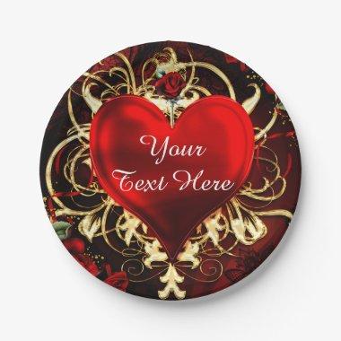 Ornamental Floral Heart Black Red Gold Party Paper Plates