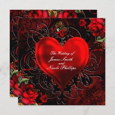 Ornamental Floral Heart Black & Red Gothic Romance Invitations